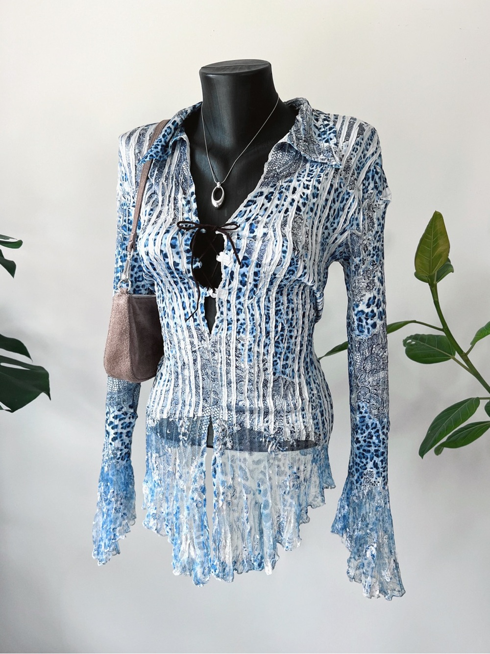 1998 Vintage Cache | Blue Leopard Mesh Bell Sleeve Top